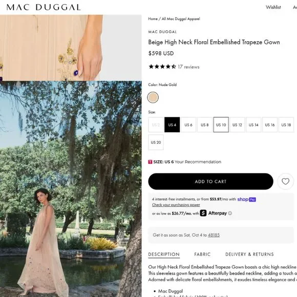 Mac Duggal 9232 Size 10 Nude Gold Floral Jeweled Long Evening Gown Maxi Dress - Picture 4 of 6